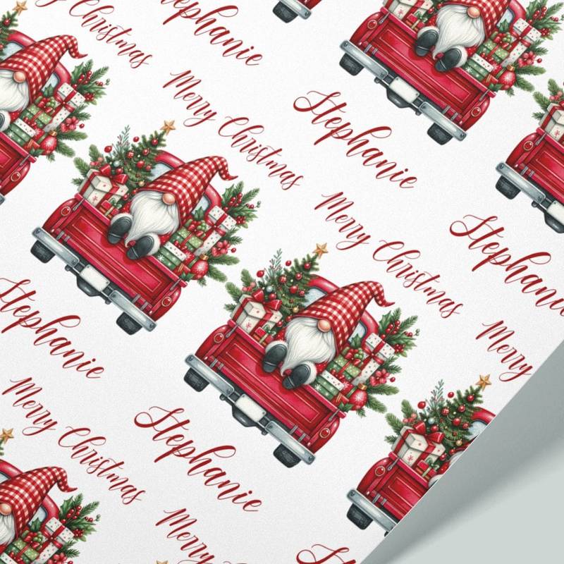 Personalised Red Gnome Christmas Wrapping Paper – Custom Name Gift Wrap on Premium 100gsm Matte Paper (1m–8m Rolls)