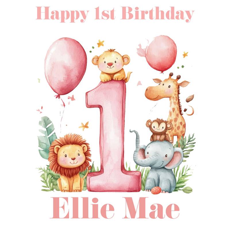 1st Birthday Pink themed Safari Animals Wrapping Paper