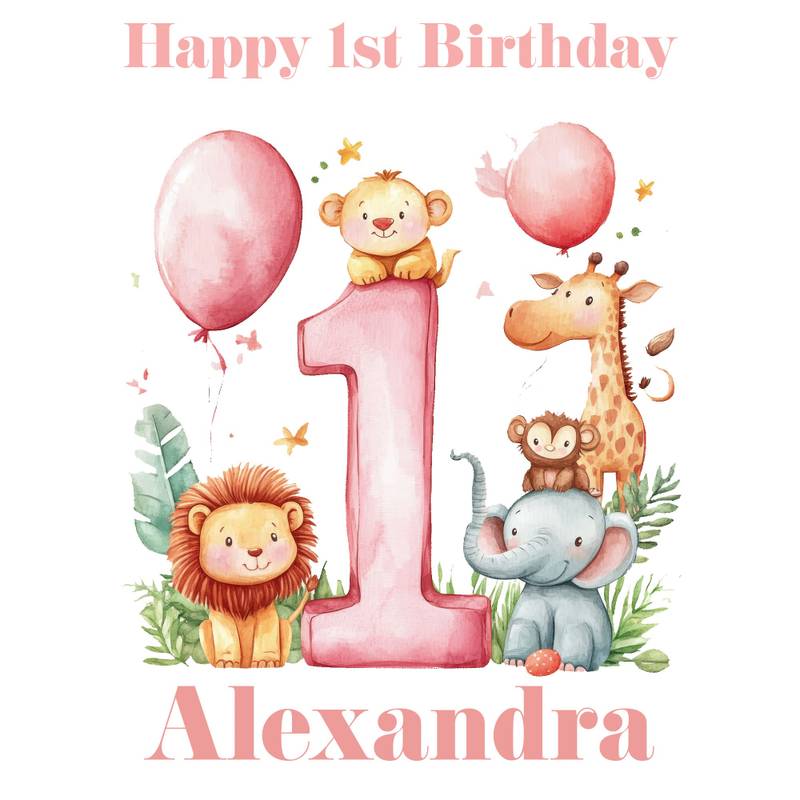 1st Birthday Pink themed Safari Animals Wrapping Paper