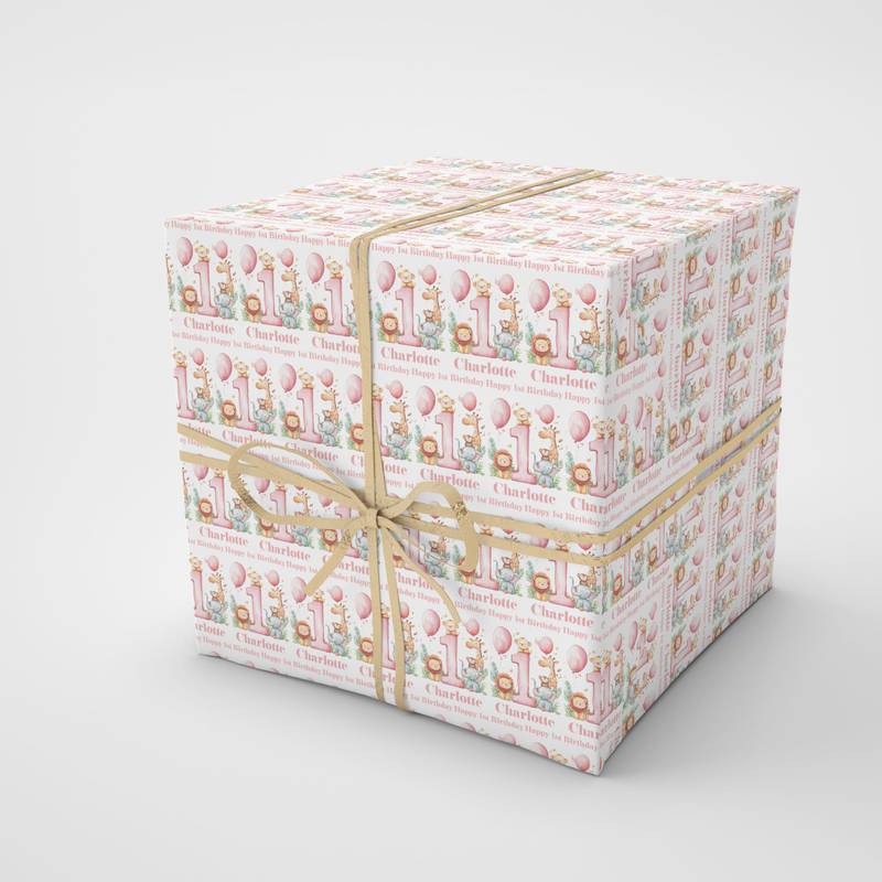 1st Birthday Pink themed Safari Animals Wrapping Paper