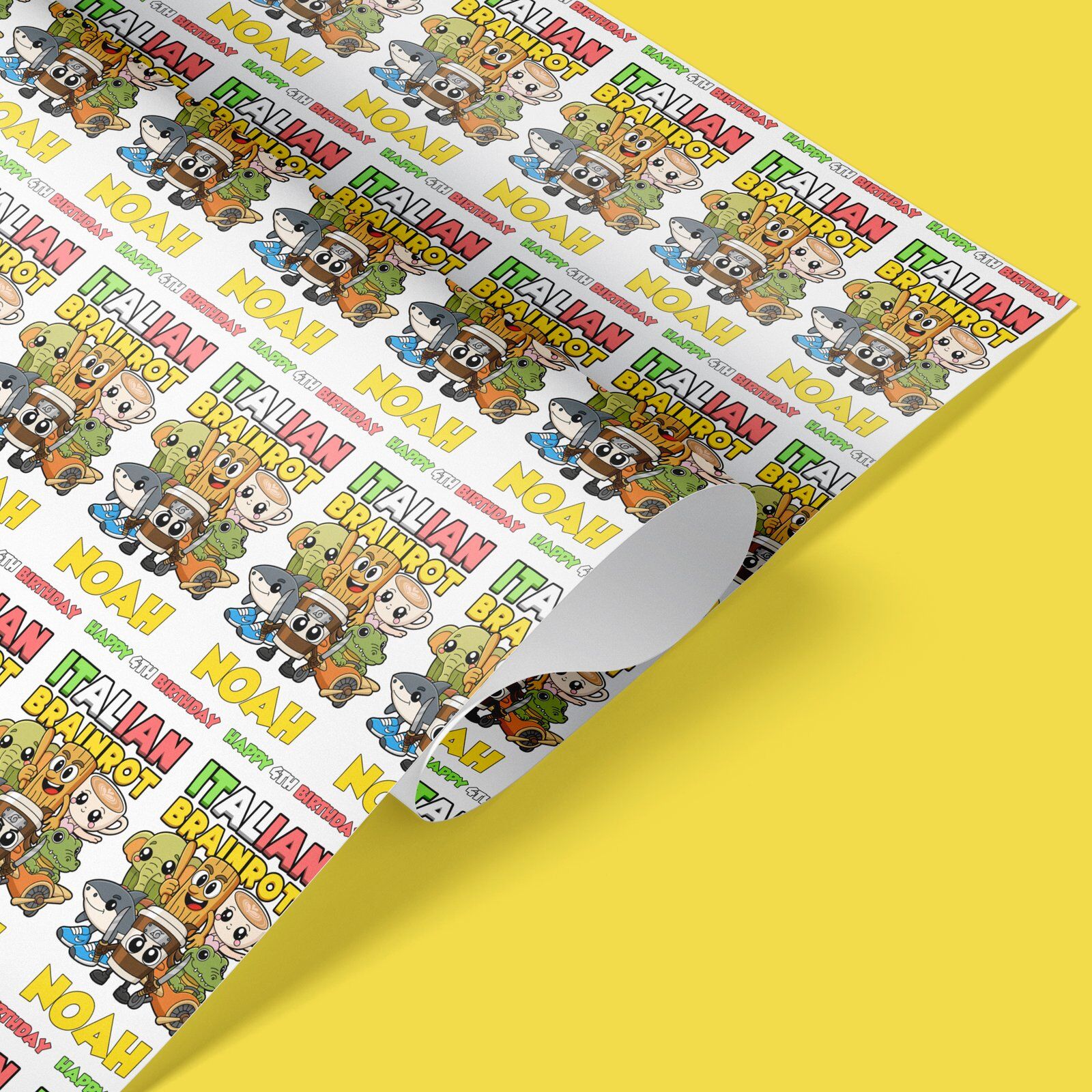 Personalised Italian Brainrot wrapping paper with custom name Noah – funny cartoon meme design