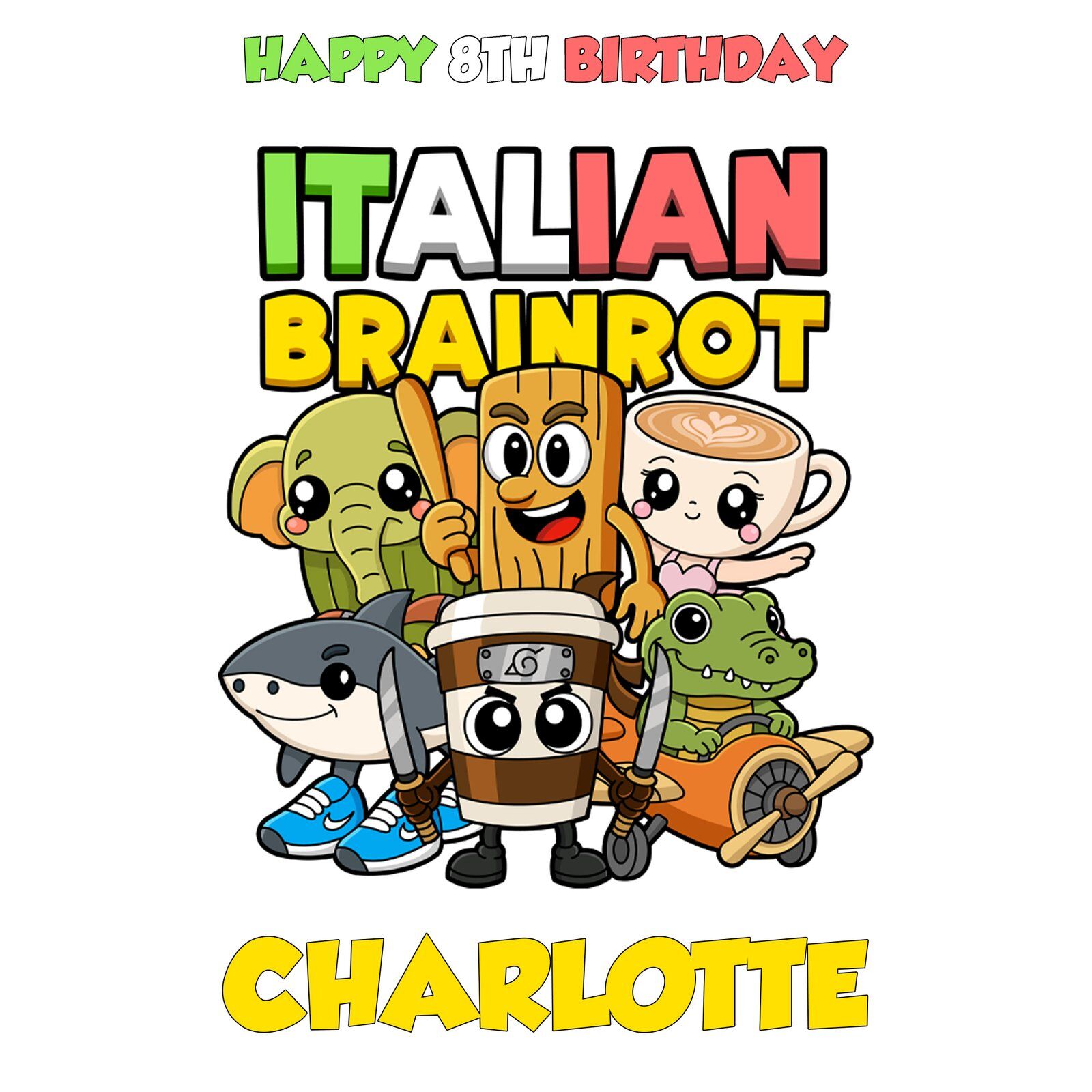 Close-up of Italian Brainrot themed personalised gift wrap showing colourful characters and text