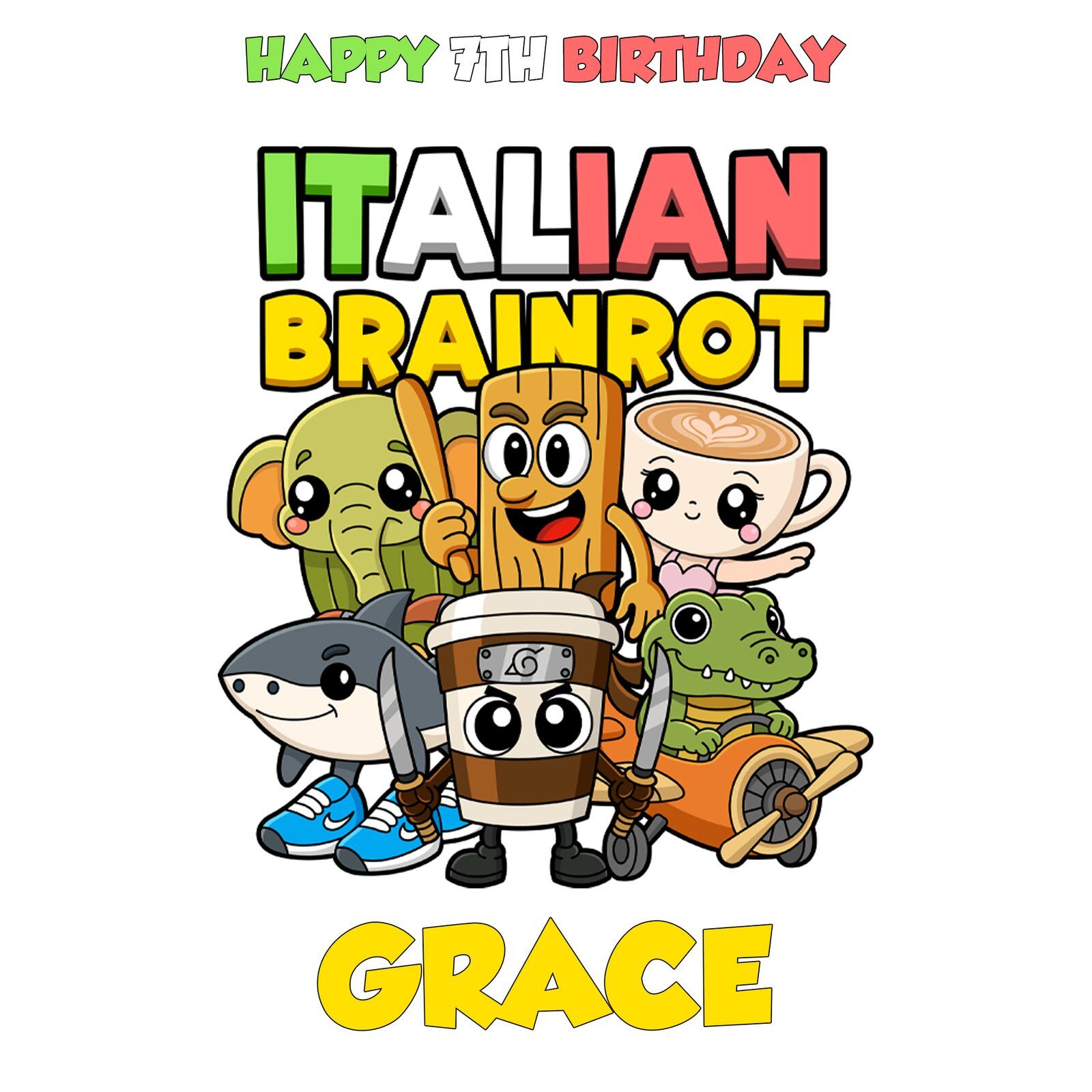 Funny cartoon Italian Brainrot wrapping paper laid flat with repeated custom name print