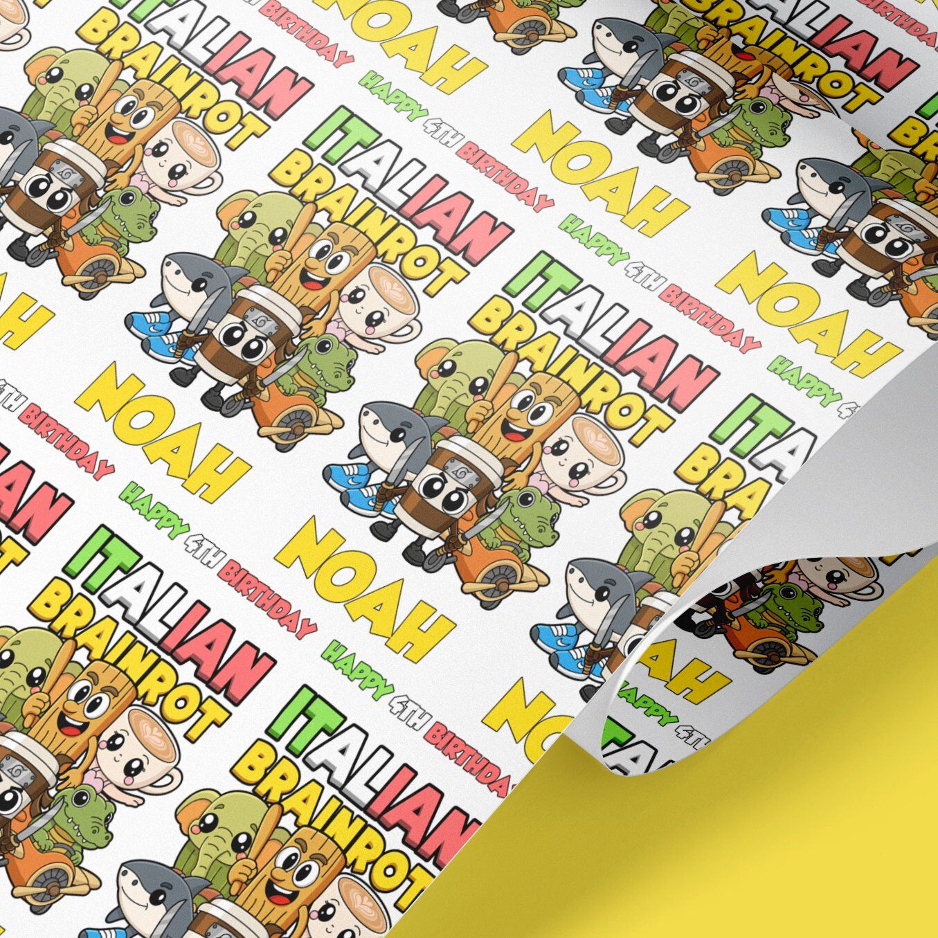 luxury rolled wrapping paper in meme cartoon style – custom name design for any occasion