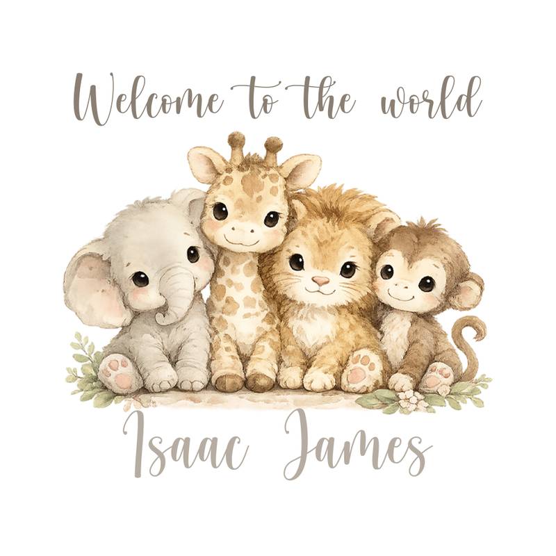 Personalised baby safari wrapping paper with elephant giraffe lion and monkey