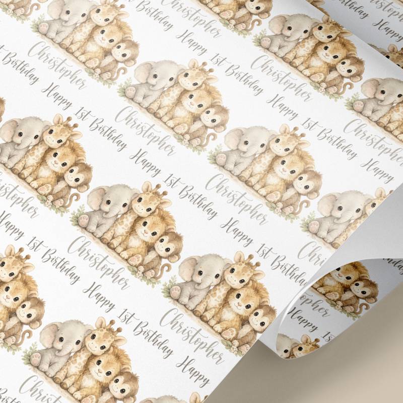 Neutral baby animal wrapping paper for newborn and first birthday gifts