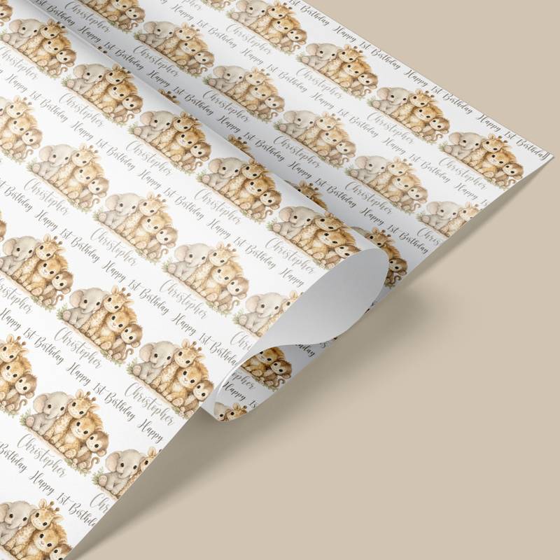 Watercolour baby safari animals gift wrap in soft neutral tones