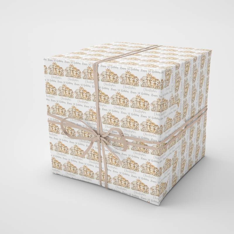 Personalised first birthday wrapping paper with safari animal design