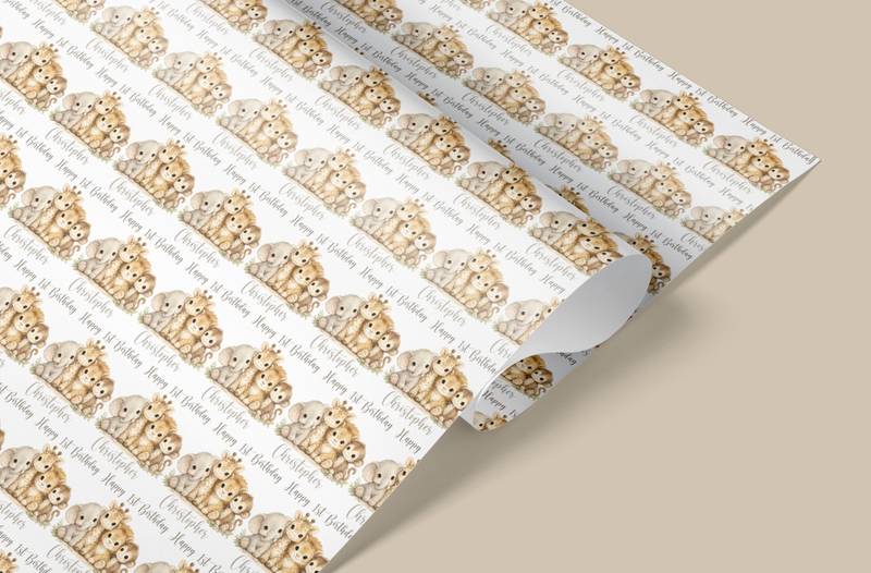 Nursery style safari animal wrapping paper rolled for crease free delivery