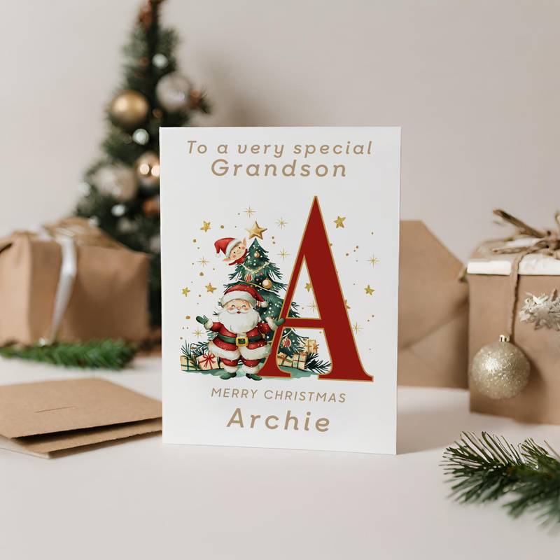 Festive Custom Name Card with Red Letter and Santa Illustration