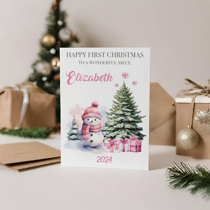 Merry Christmas Card with Pink Snowman