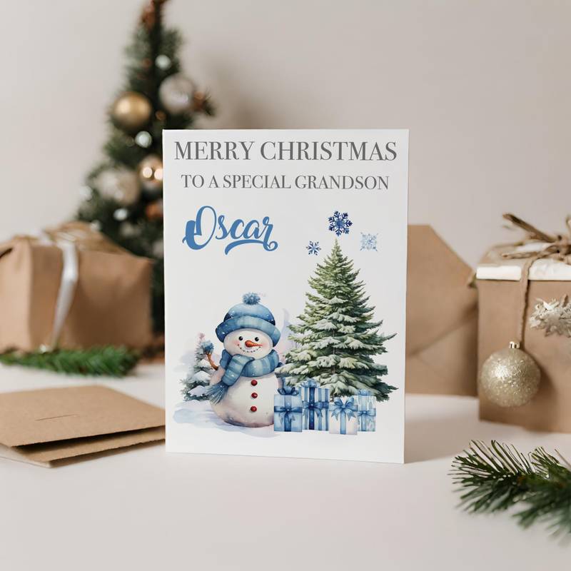 Custom Name Blue Snowman Christmas Card for Grandson