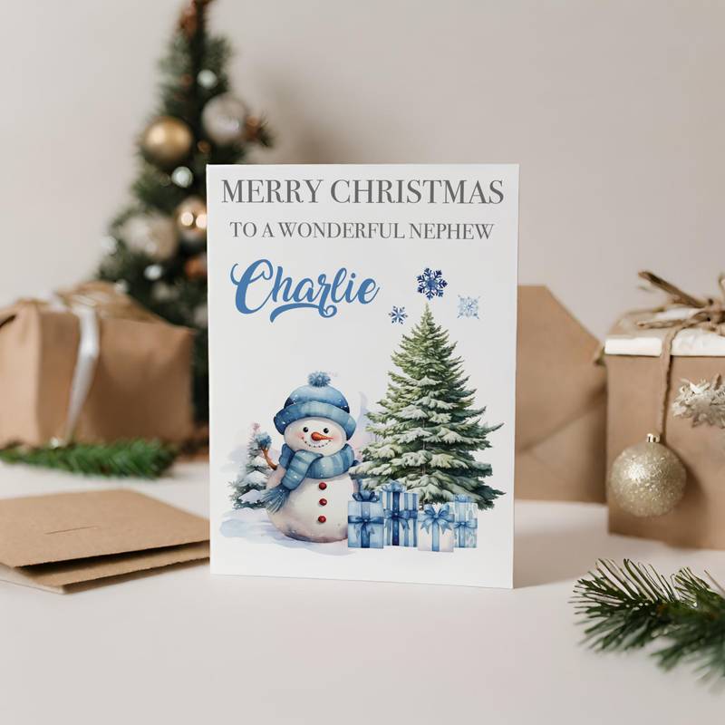 Personalised Blue Snowman Christmas Card with Name