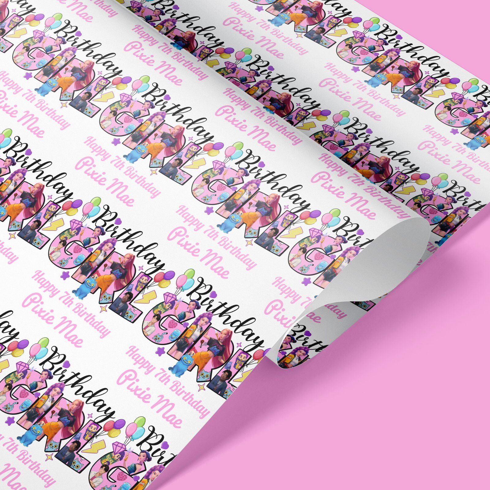 Custom K-Pop gift wrap with bright pink and purple design, personalised with any name and age for birthday presents