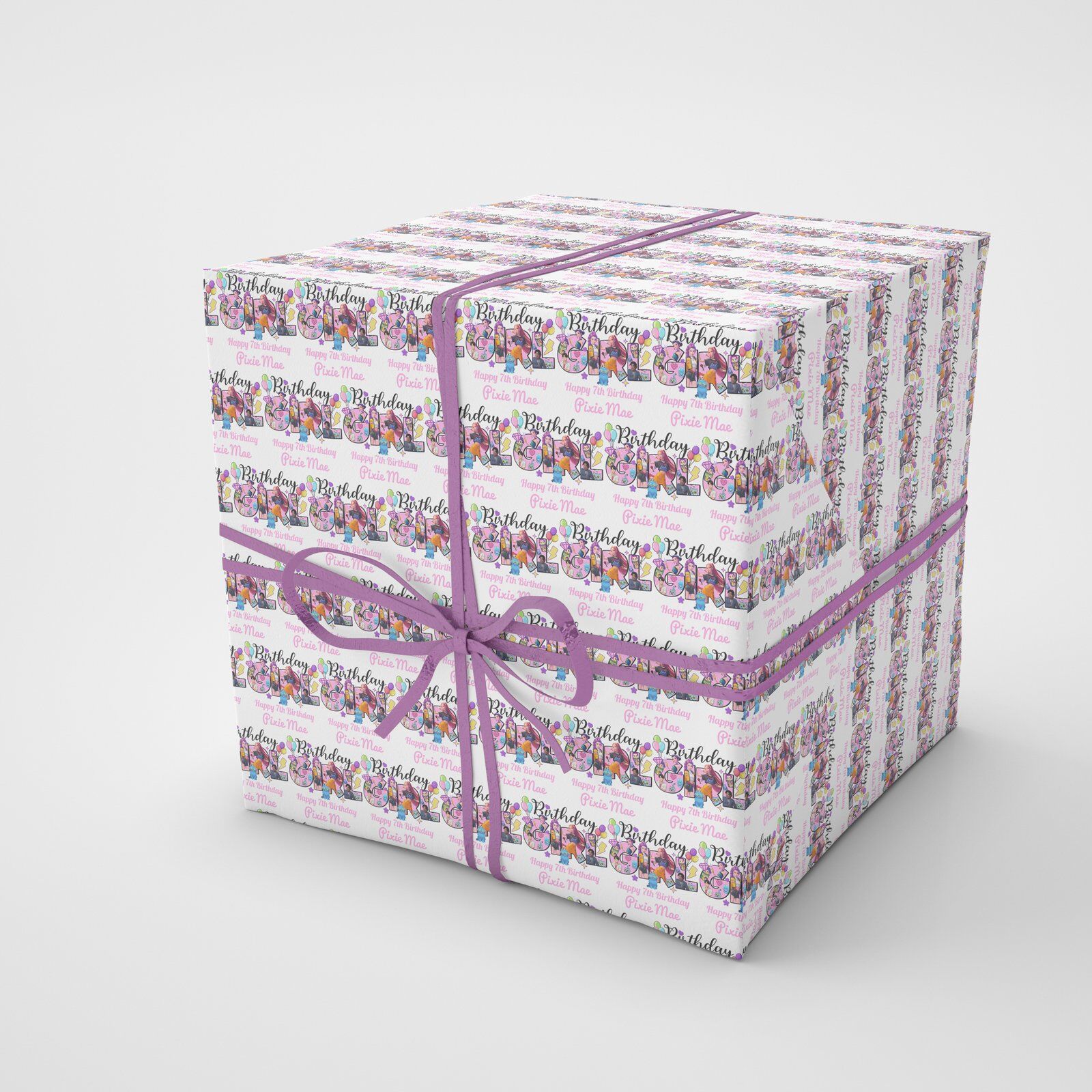 Vibrant K-Pop inspired wrapping paper printed with photo collage, balloons and personalised text – ideal for teen birthday gifts