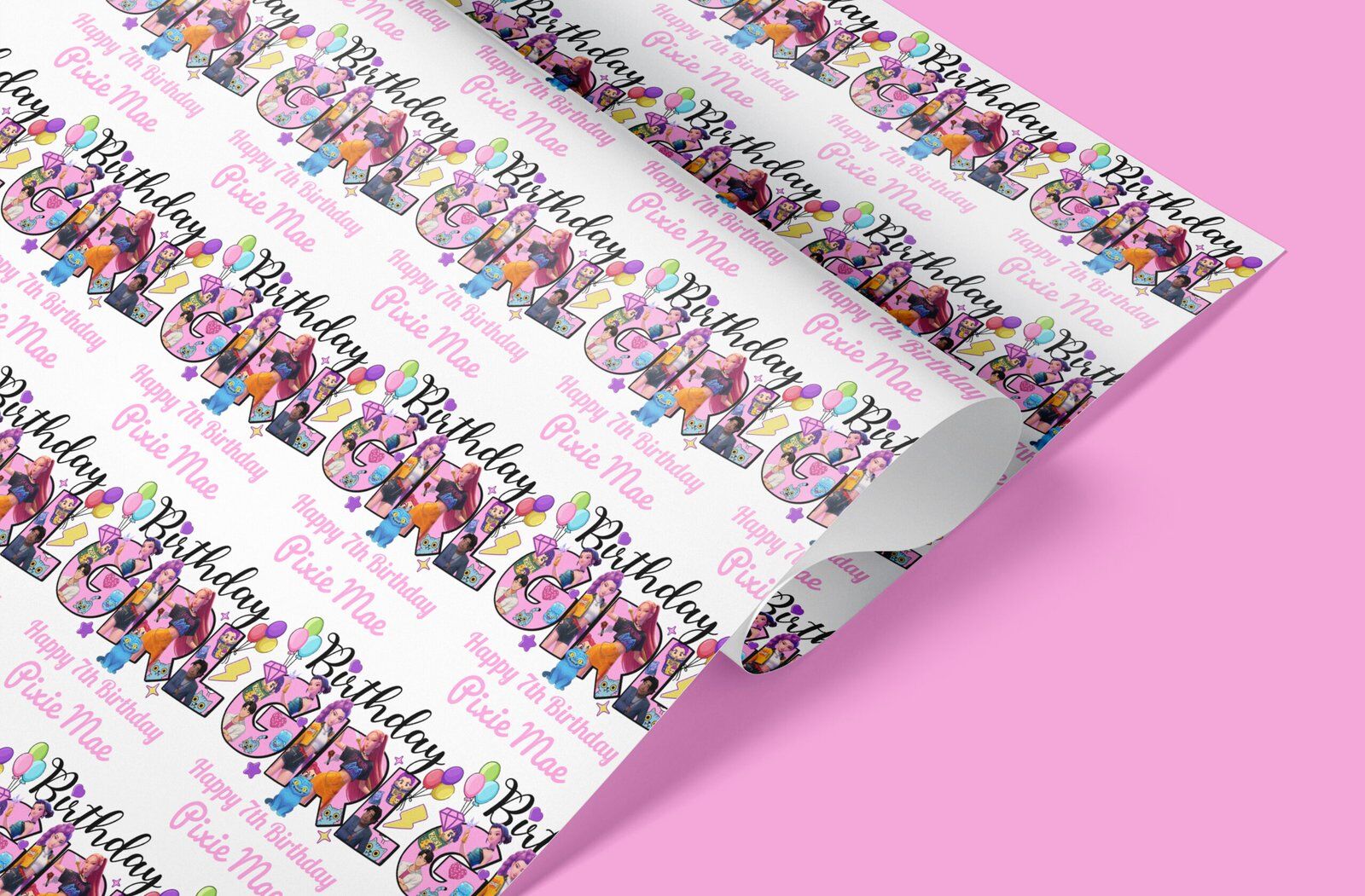 Personalised birthday wrapping paper for K-Pop fans with custom name and age printed in fun, colourful style