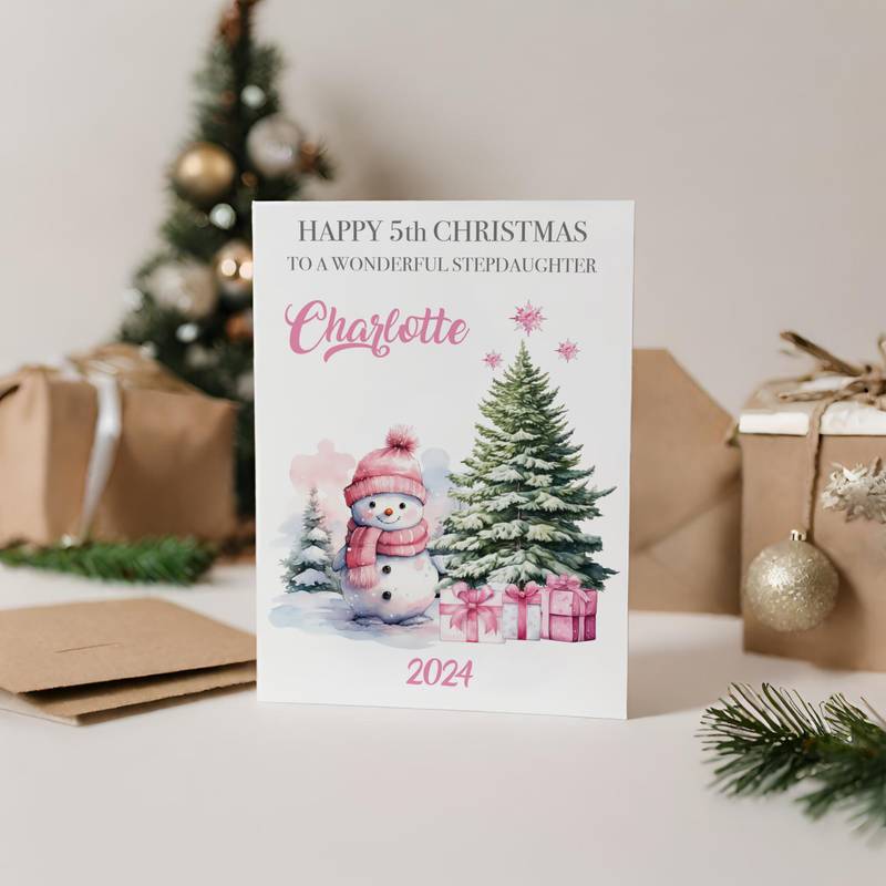 Personalised Pink Snowman Christmas Card with Name