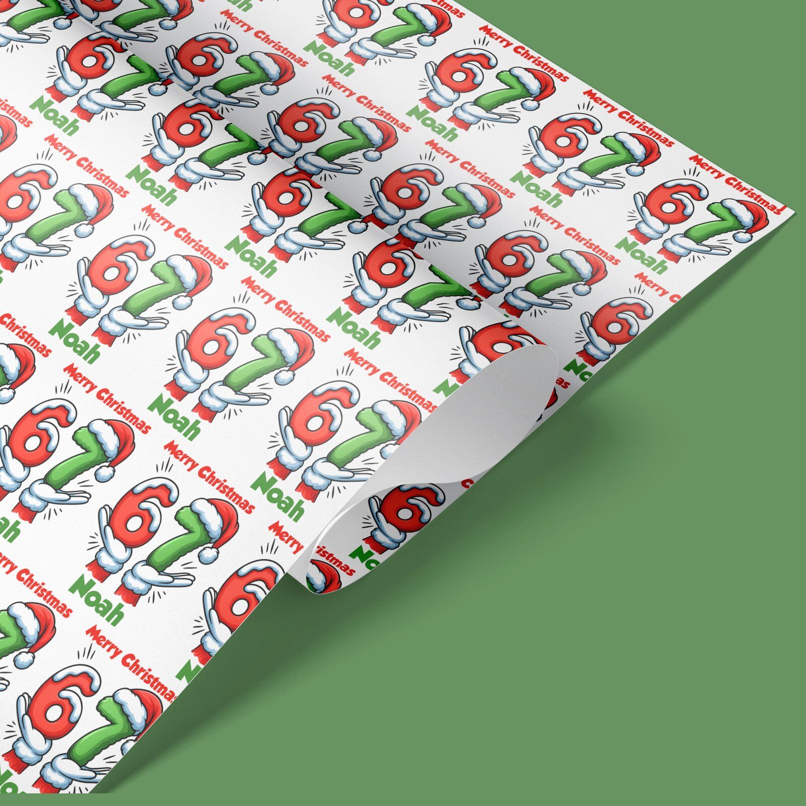 Close-up of custom printed 67 viral meme wrapping paper showing red and green number design, Merry Christmas text, and personalised name.