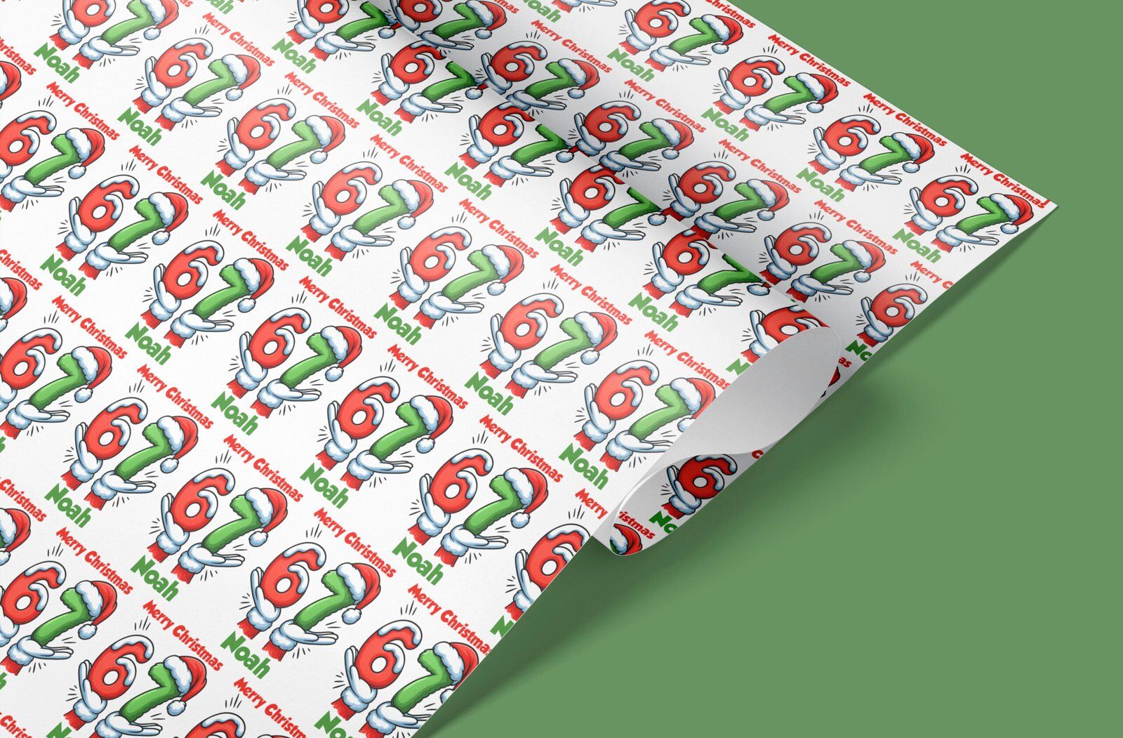 Flat lay view of personalised 67 meme themed gift wrap paper, repeating pattern with custom name, Santa hats and festive graphics.