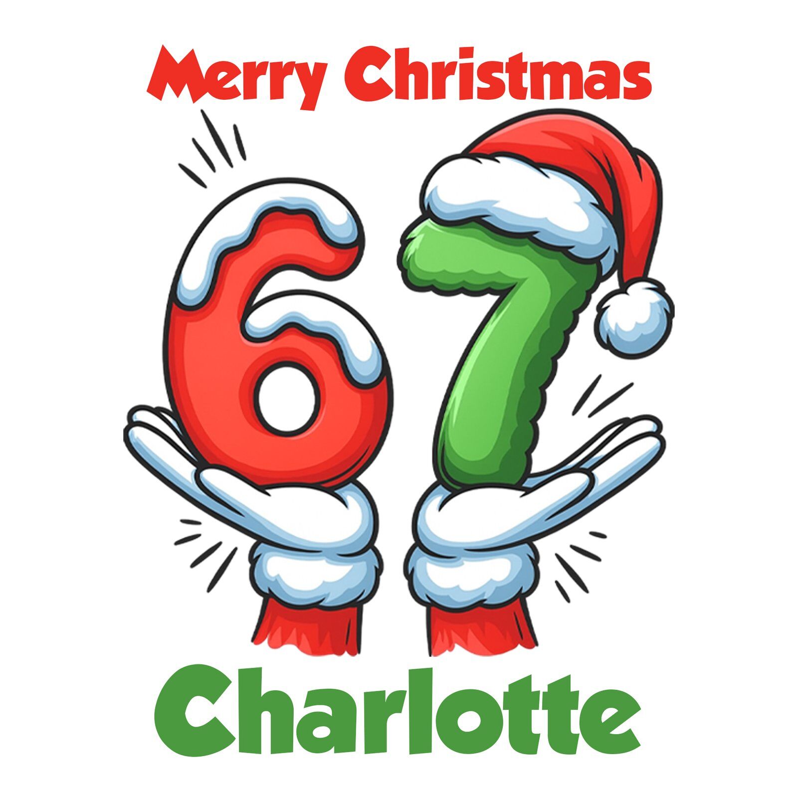 Printed 67 meme Christmas wrapping paper roll being unrolled, showing high-quality print detail, name customisation visible.