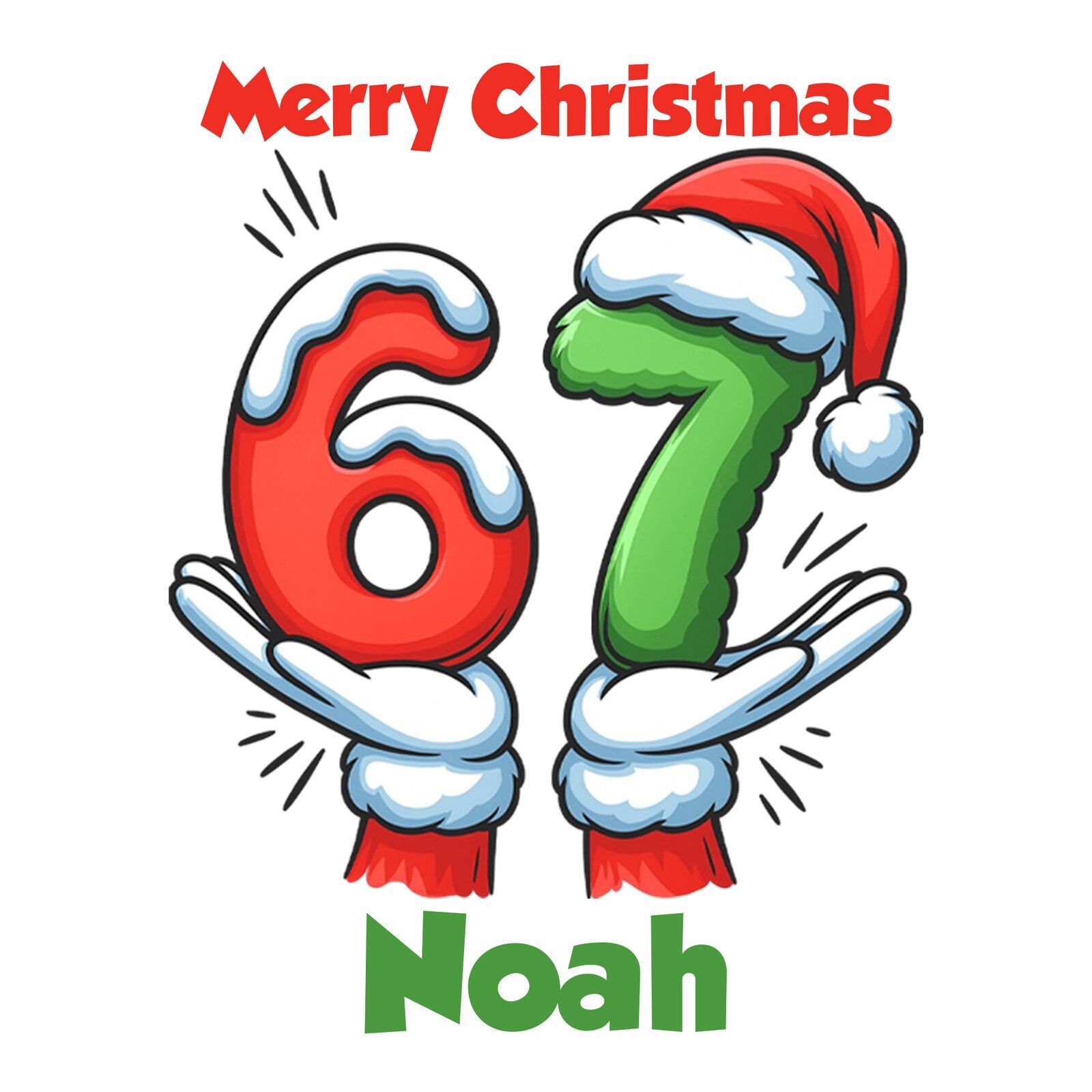 Printed 67 meme Christmas wrapping paper roll being unrolled, showing high-quality print detail, name customisation visible.