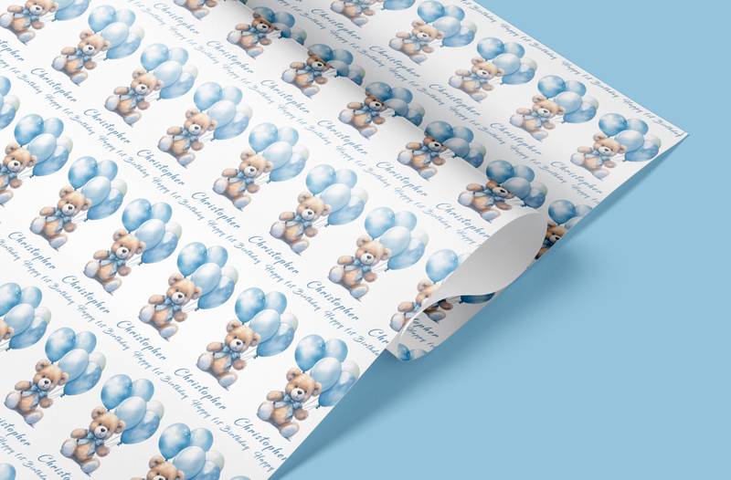 blue teddy bear personalised wrapping paper