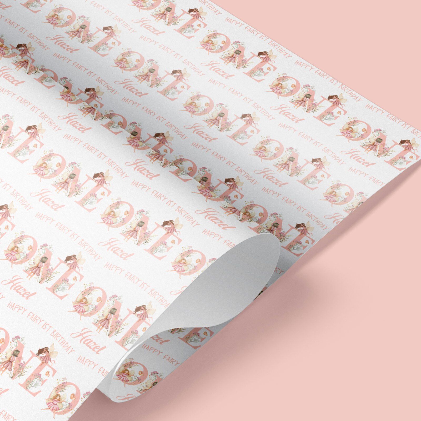 Rolled personalised fairy wrapping paper for girls first birthday party – premium print quality
