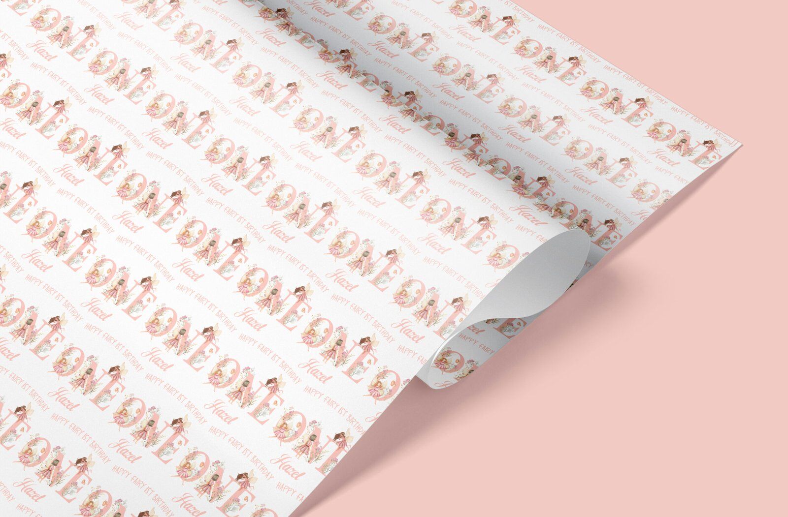 Personalised fairy-themed 1st birthday wrapping paper roll – eco-friendly recyclable paper