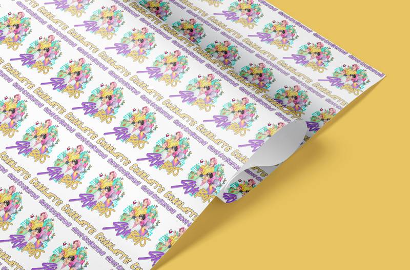 Close-up of Saja Boys wrapping paper – colourful anime artwork with custom name text