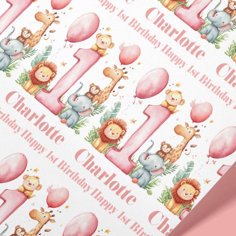 1st Birthday Pink themed Safari Animals Wrapping Paper