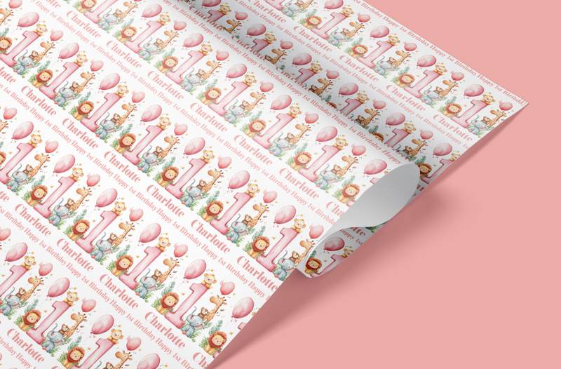 1st Birthday Pink themed Safari Animals Wrapping Paper