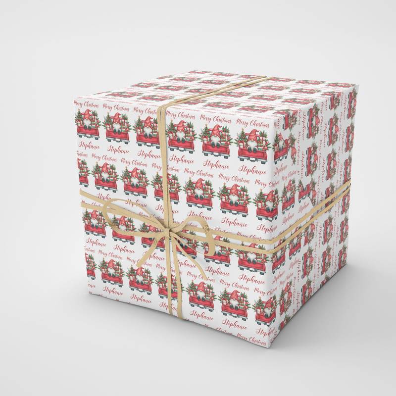 Personalised Red Gnome Christmas Wrapping Paper – Custom Name Gift Wrap on Premium 100gsm Matte Paper (1m–8m Rolls)