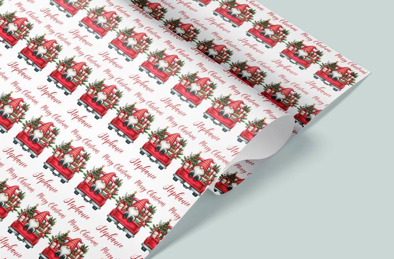 Personalised Red Gnome Christmas Wrapping Paper – Custom Name Gift Wrap on Premium 100gsm Matte Paper (1m–8m Rolls)